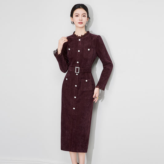 Women Lace Spliced Velvet Dress Black Diamond Embellishments Belt Short Sleeved Lady Single Breasted Midi Robe