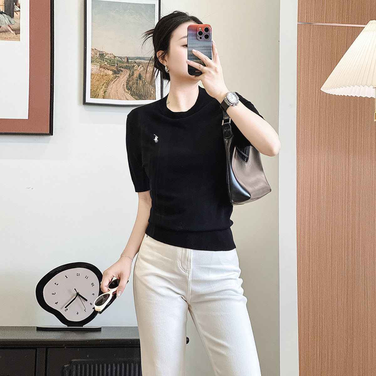 New Fashion Casual Round Neck Embroidered Short Sleeve T-Shirt Base Shirt Women Inner Wear Simple Match All Shoulder