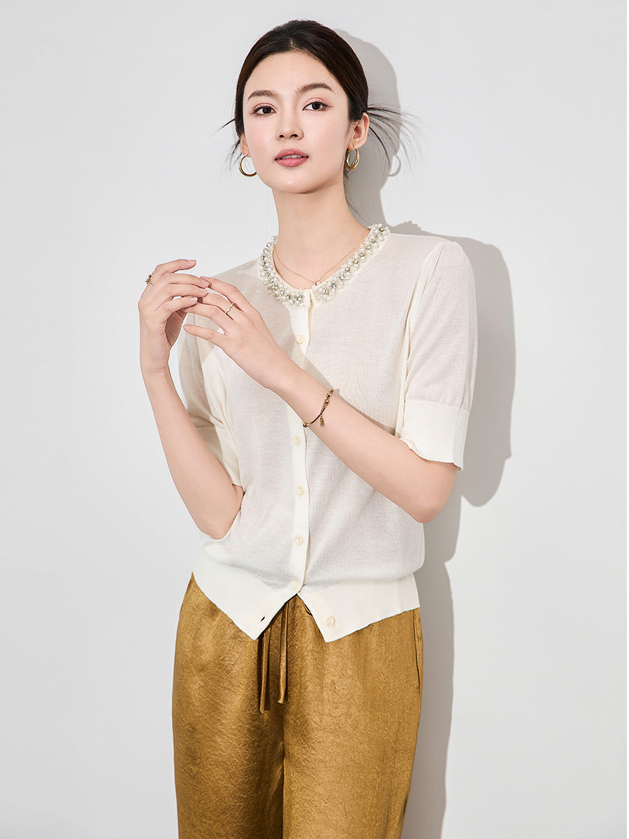 Office Lady Summer Vintage Slim O-neck Solid Soft Elastic Tops Women Knitwear Chic Diamonds Elegant Short Sleeve Cardigan