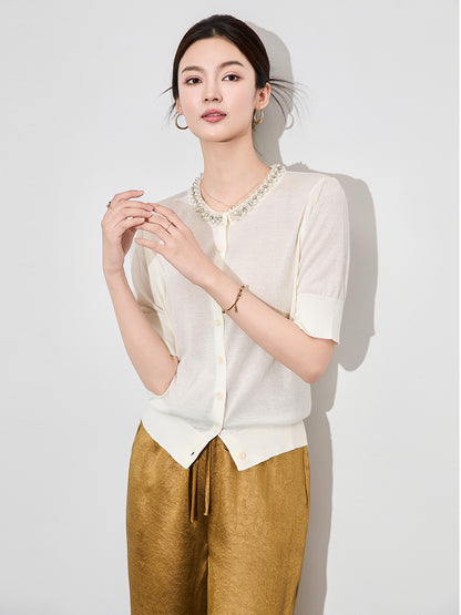Office Lady Summer Vintage Slim O-neck Solid Soft Elastic Tops Women Knitwear Chic Diamonds Elegant Short Sleeve Cardigan
