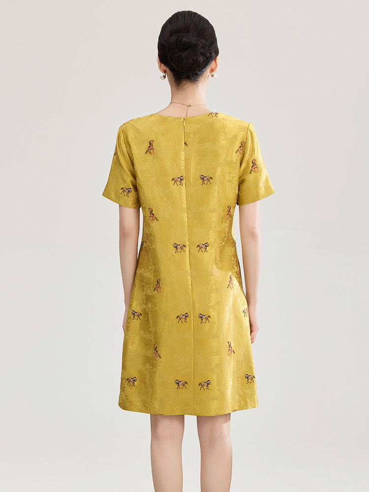 Elegant French Style Butterfly Embroidery Silk A- Line Dress Women's Midi Skirt Slimming Effect round Neck Short Sleeve Dress
