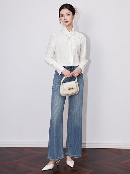 Blue Commuter Butterfly Knot Lace Collar Loose Long Sleeve Striped Shirt Women's Lazy Style Fashionable Basic Patchwork Shirt