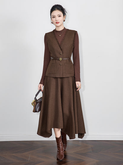 Retro Solid Color Long Sleeve Half High Collar Vest Tassel Furry High Waist Pleated Maxi Skirt Three Piece Set Women's Casual