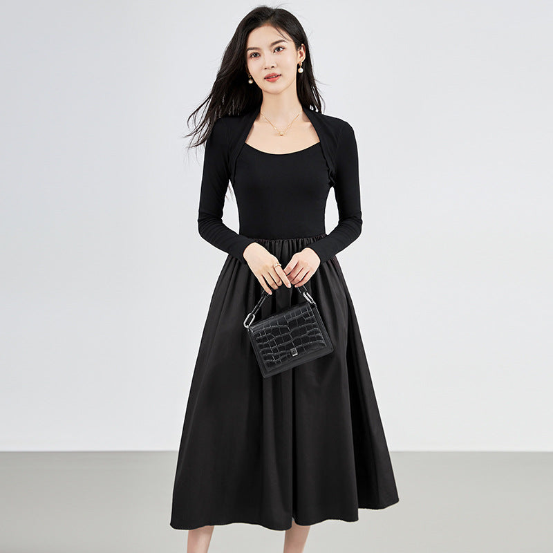 French Vintage Long Sleeve Square Collar Dress Slimming Waist Design Autumn New Style Elegant Women's Midi Dress Full Sleeve