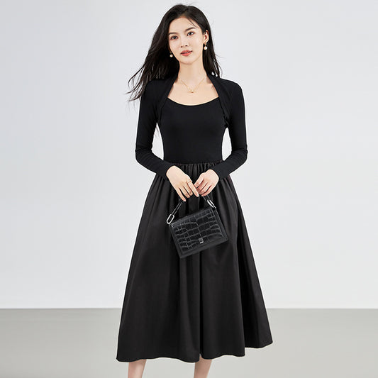 French Vintage Long Sleeve Square Collar Dress Slimming Waist Design Autumn New Style Elegant Women's Midi Dress Full Sleeve