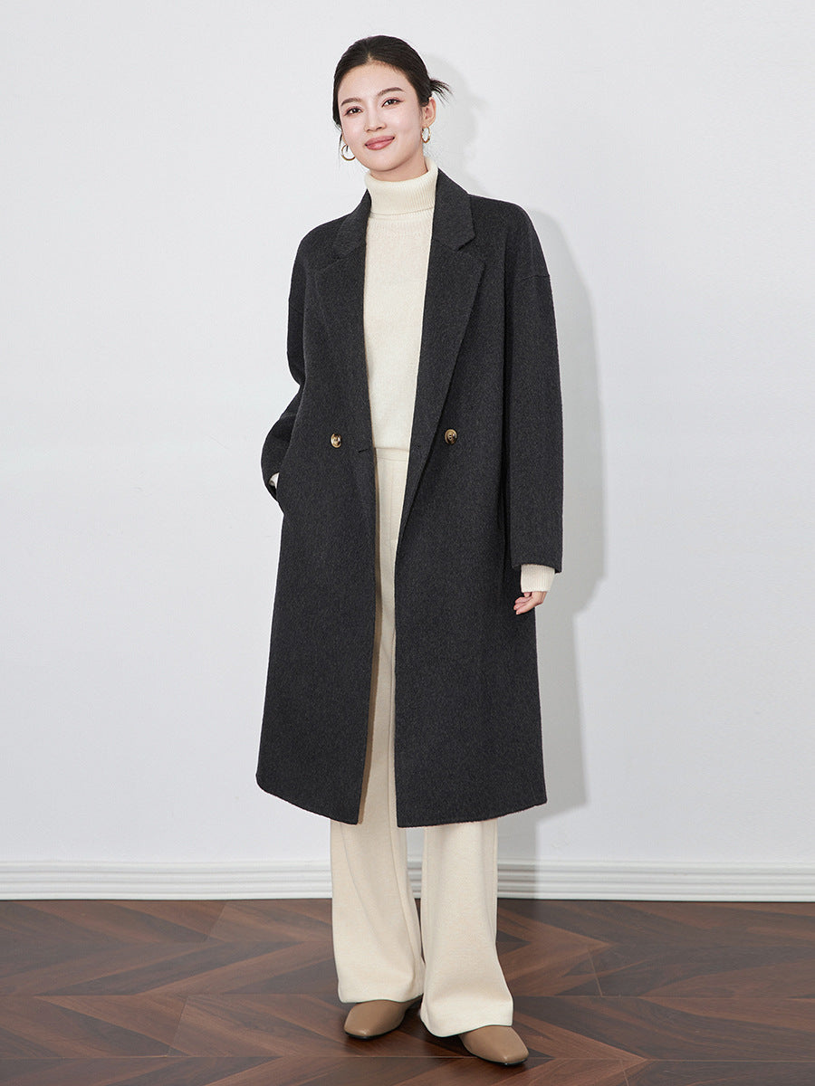 Autumn Women Drouble Breasted 100% Wool Woolen Coat Turn Down Collar Cashmere Winter Clothes Long Coats Tops New