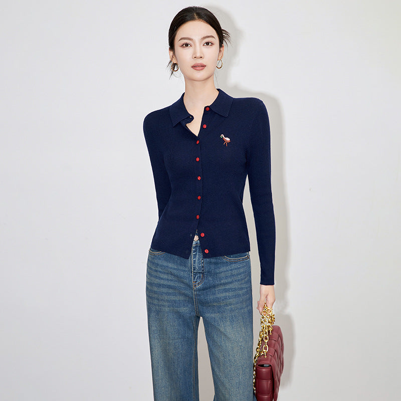 Exquisite Fine Merino Wool Button Cardigan with Embroidery Color Block Design for Women Long Sleeve Slim Fit Basic Style