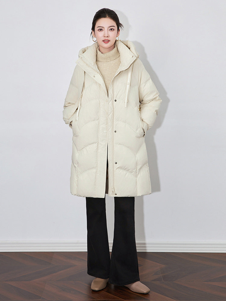 High-End Women's Mid-Length Over-Knee Down Jacket Winter New Style Warmth Outerwear Thickened Long Sleeve Polyester Fiber
