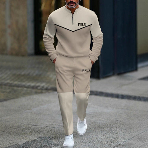 Mens Half Open Placket Zip Pullover Casual Fashion Long Sleeve Pants Set