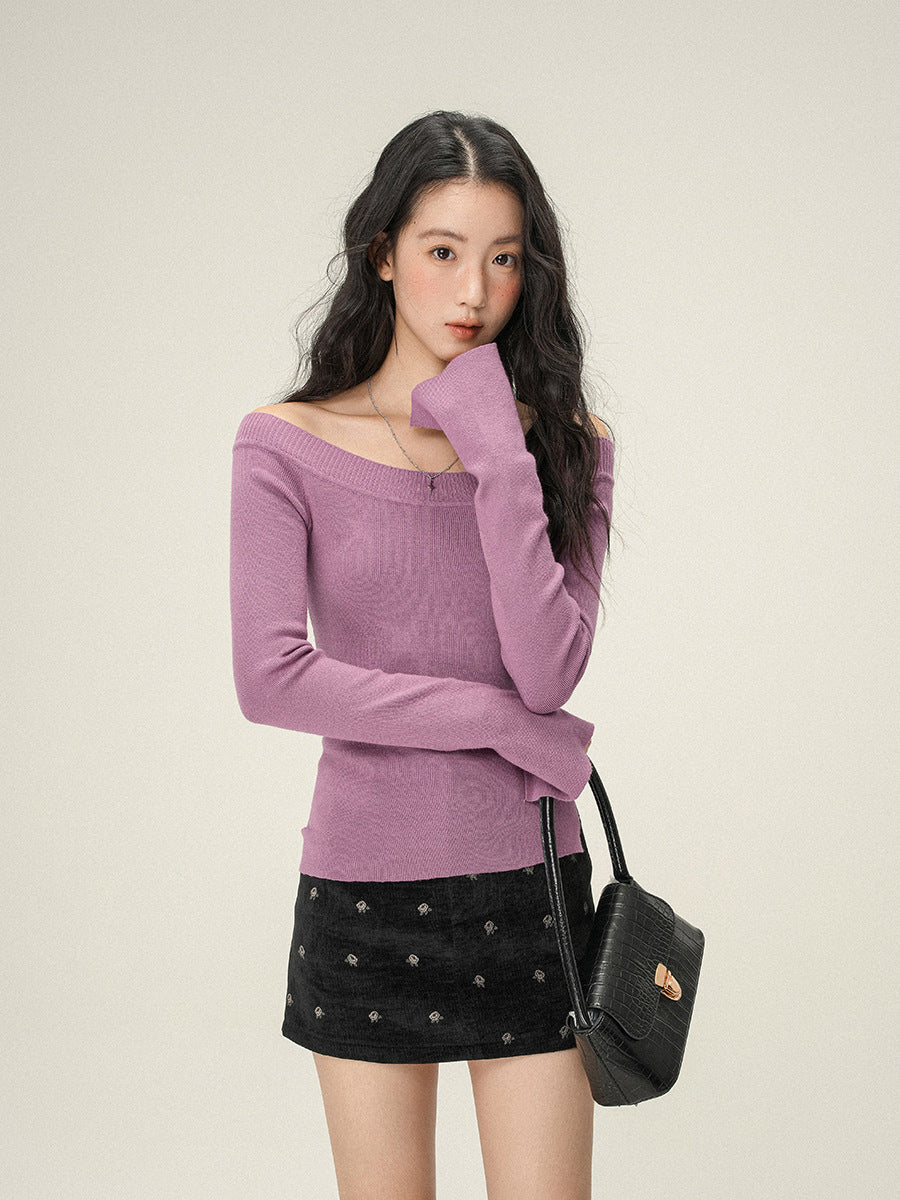 Sexy Pullovers Women Off Shoulder Cropped Knitted Basic Clothes Autumn All-match Side Slit Simple Tender Slim Gentle Seductive