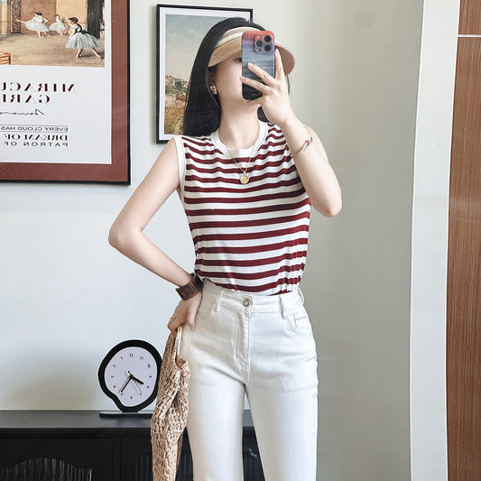 Women's Summer Slimming Strap Vest New Knitted Svel Casual Top Inner Wear Meat Concealing Stripe Pattern