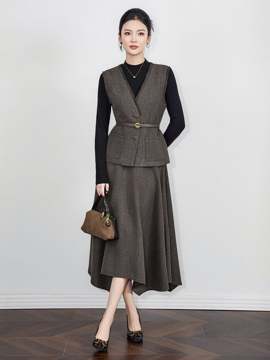 Retro Solid Color Long Sleeve Half High Collar Vest Tassel Furry High Waist Pleated Maxi Skirt Three Piece Set Women's Casual