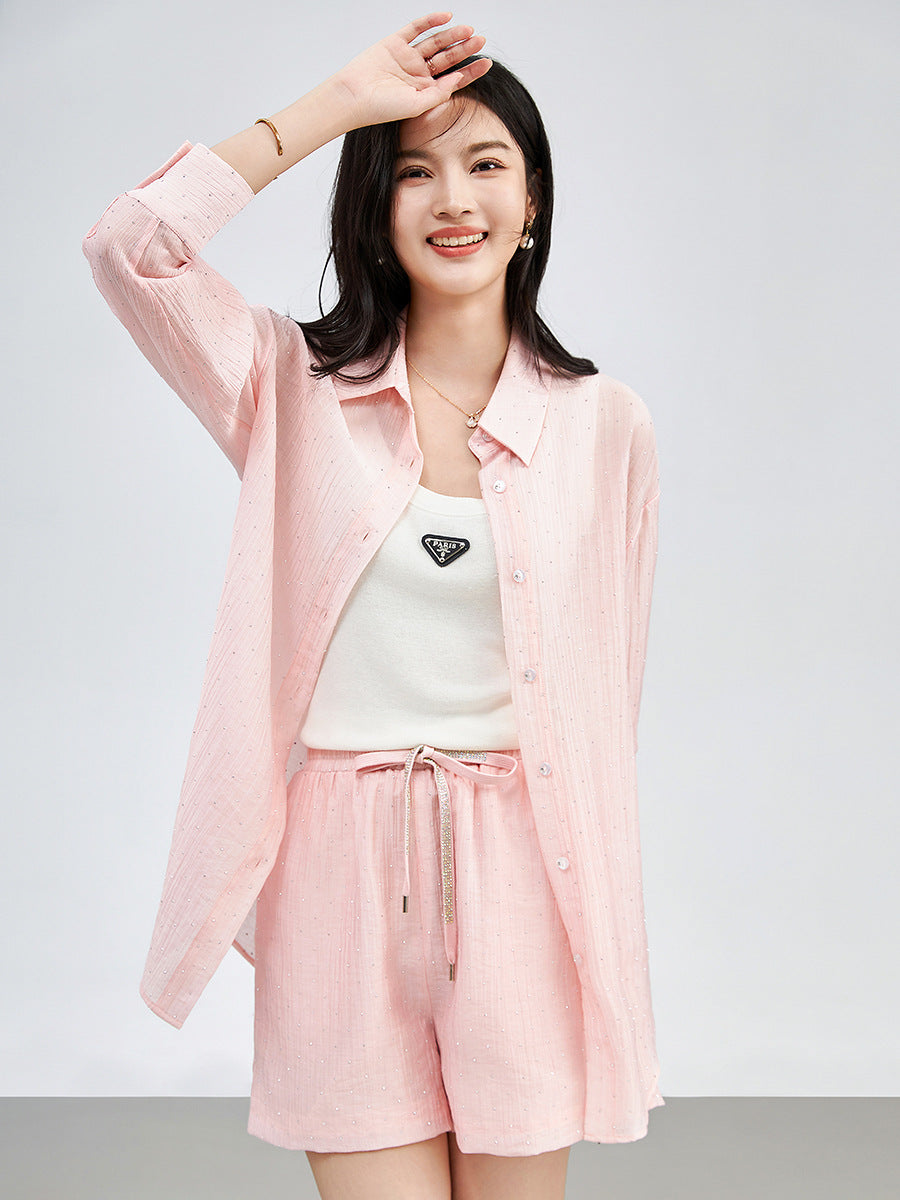 Loose Casual Sun Protection Shirt plus Elastic Waist Shorts Linen Set Comfortable Draped Feeling Lazy Style