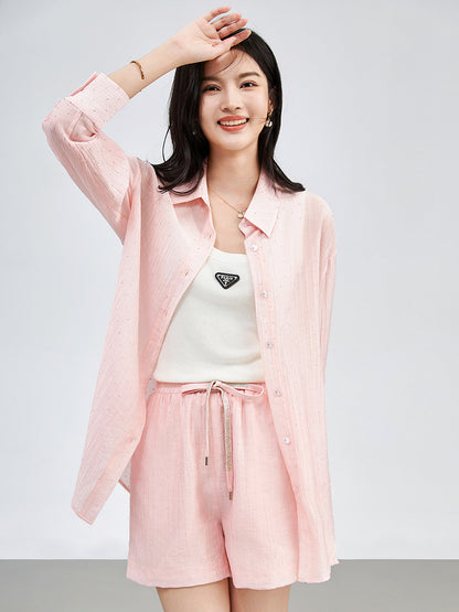Loose Casual Sun Protection Shirt plus Elastic Waist Shorts Linen Set Comfortable Draped Feeling Lazy Style