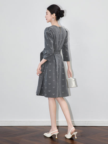 French Elegant Commuter Vintage Dress Women Autumn Round Neck Long Sleeve Butterfly Jacquard High Waist Temperament Midi Dress