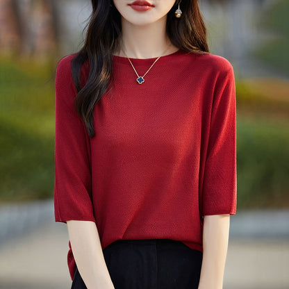 Summer New Women's Pure Color Knitted Sweater One-Shoulder Five-Sleeve Cashmere Raveling Versatile Basic Top