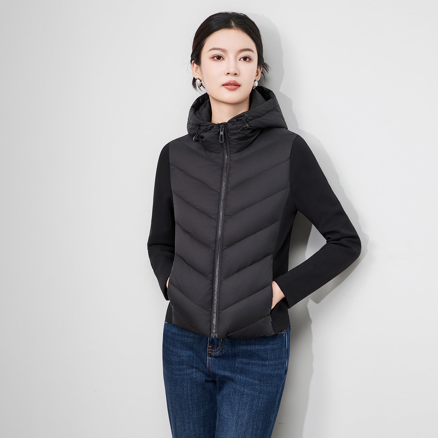 New Women's Elegant Fashion Patchwork Long Sleeve Standing Collar Hooded Cotton Jacket Sport Coat