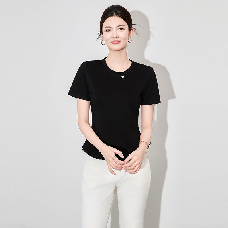 Cotton Half Sleeve T-Shirt White Summer New Korean Style Shoulder Level Irregular Hem Short Length Trendy Women's Top