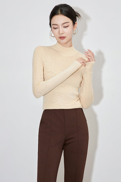 Fashionable Half High Collar Slim Fit Long Sleeve Overhead Knitwear Women's Base Shirt Autumn Winter Tight New Style Crew Neck