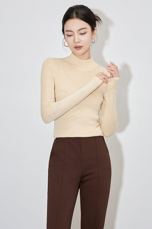 Fashionable Half High Collar Slim Fit Long Sleeve Overhead Knitwear Women's Base Shirt Autumn Winter Tight New Style Crew Neck