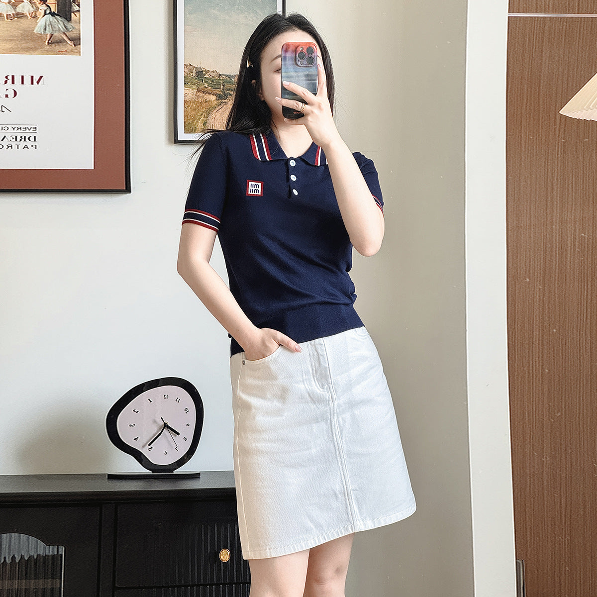 Summer New Loose Fit Short Sleeve Polo Neck Knitted Shirt Thin Style Color Block Women's Base Layer Top Bamboo Rayon Material