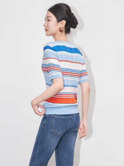 Women's Slim Fit round Ne ort Sve Striped Knitted Top Faionable Casual Sle Polyester Fiber Batwing Sve