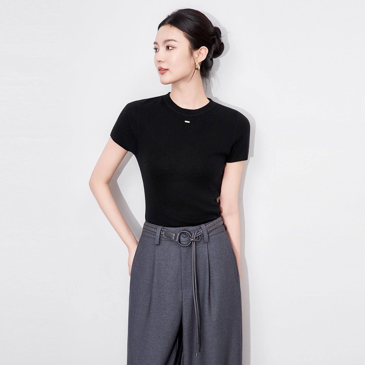T-irt Women's Elastic Casual Sports Top American Sle Pure Color Slim Fit Summer Round Ne Irt