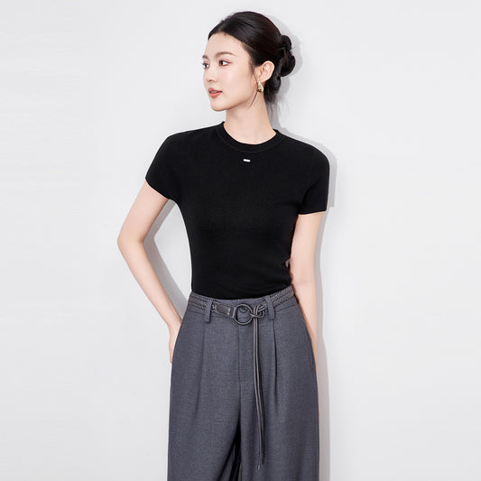 T-irt Women's Elastic Casual Sports Top American Sle Pure Color Slim Fit Summer Round Ne Irt