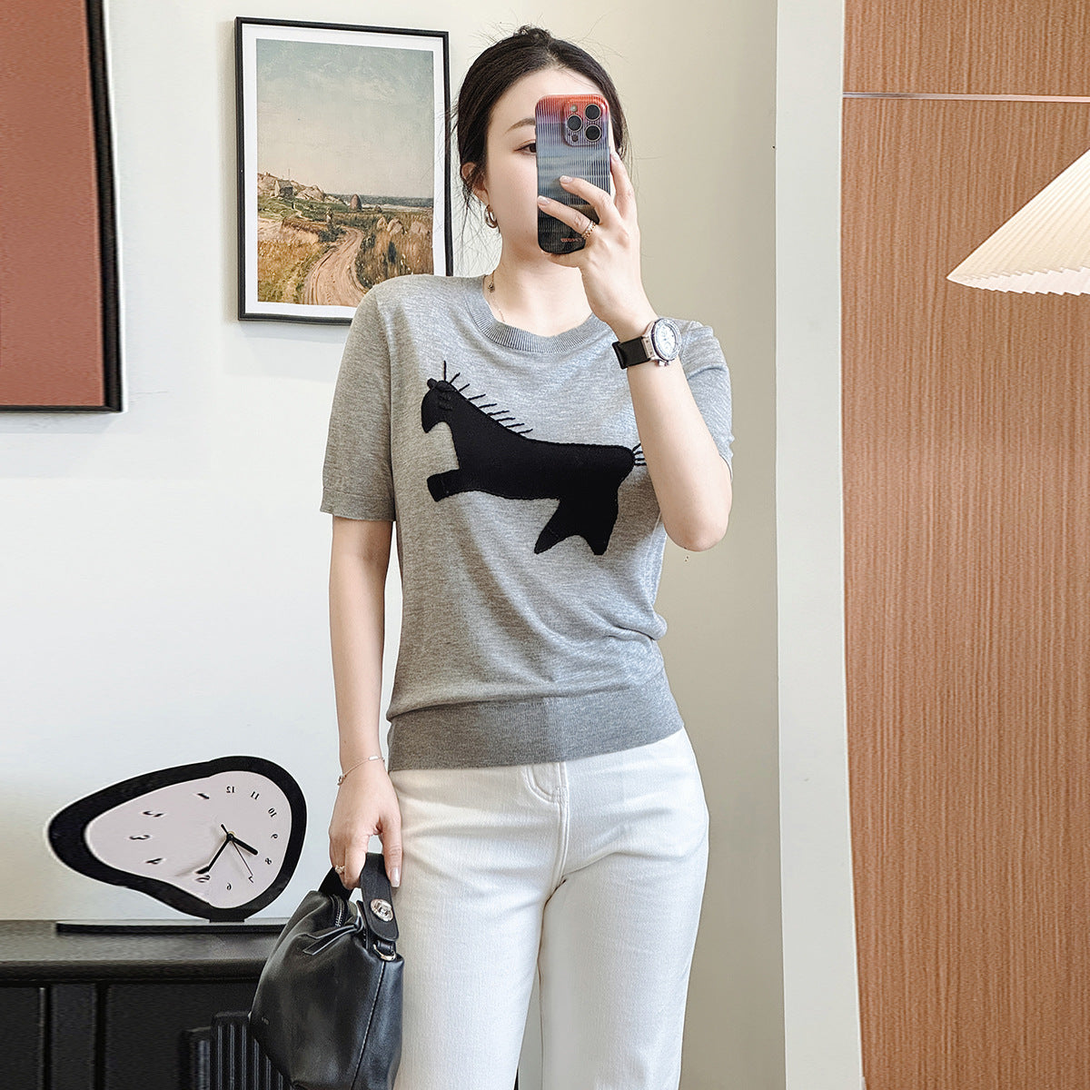 Summer New Short-sleeved T-shirt Women Sweaters Design Sense Niche O-neck Slim Pullover Knitted Tops Casual T-shirts