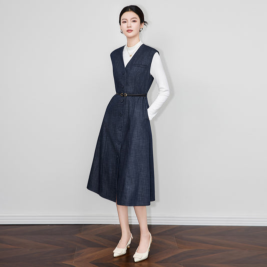 Autumn Winter New Women's Brown Wool Vest Skirt Fashion Slim Fit Woolen Sleeveless Long Dress French Retro Style