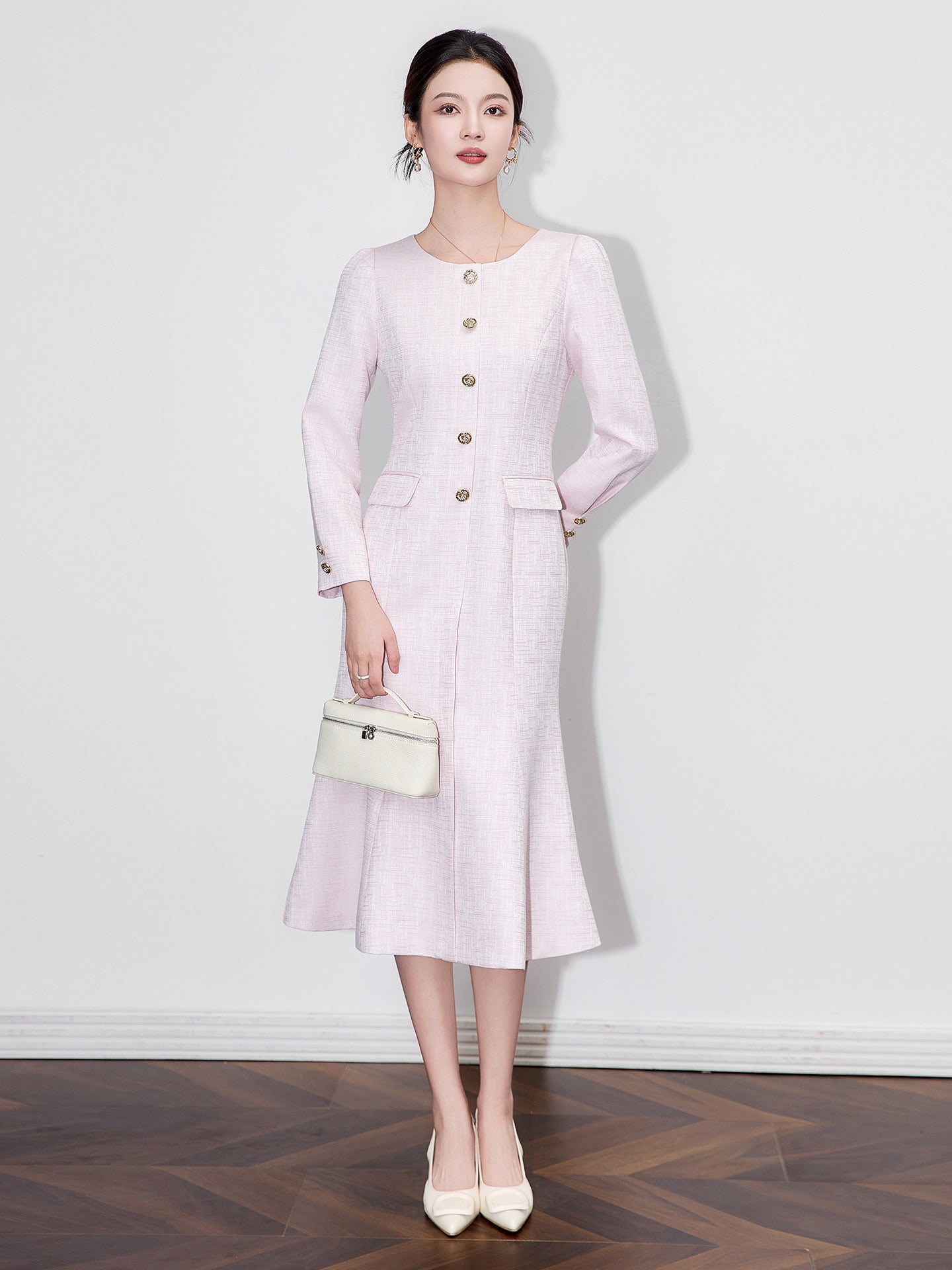 French Elegant Temperament Commuter Fishtail Dress Square Neck Long Sleeve Single Breasted High Waist Belt Slim Long Dress Women