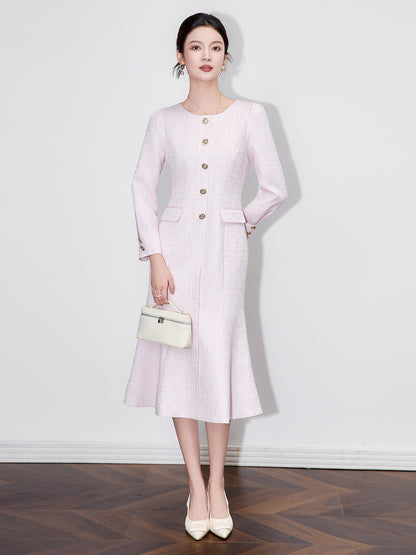 French Elegant Temperament Commuter Fishtail Dress Square Neck Long Sleeve Single Breasted High Waist Belt Slim Long Dress Women