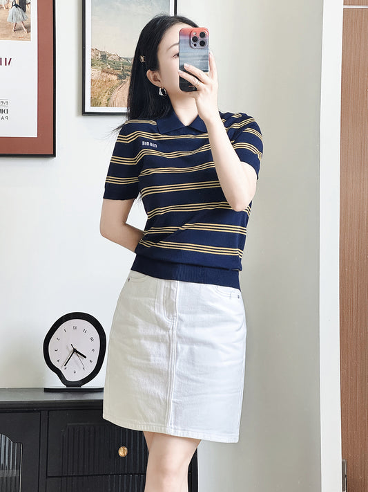 Loose Fit Ne Striped Knitted Ort Sve T-irt Women Summer Plus Size Korean Sle F Sve Top in K Blue