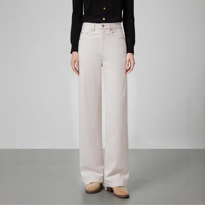 Mid-Calf Straight Leg Stretchy Denim Jeans Women's Soft Cotton Blend Elastic Waist Light Beige Pants