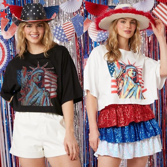 Statue of Liberty Hot Diamond Short-sleeved Independence Day Top Loose T-shirt