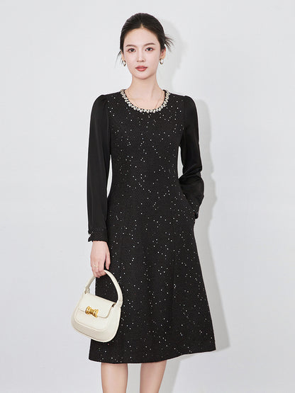 Chunky Tweed Elegant Mini Dress Designer Style Slim Fit Rhinestone Detail Long Sleeve Fall Winter Women Fashion Female Clothing