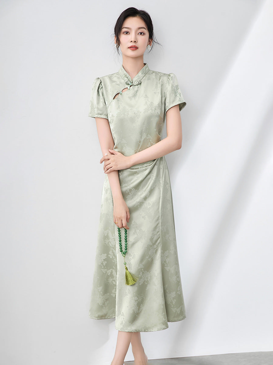 Yourqipao Summer Composite Lace Green Cheongsam Long Modified Traditional Chinese Style Qipao Wedding Evening Dress for Women