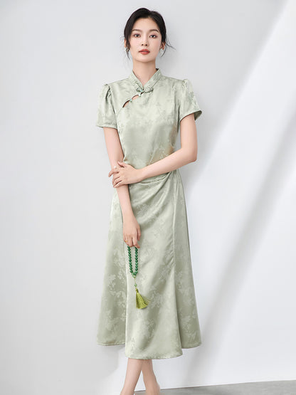 Yourqipao Summer Composite Lace Green Cheongsam Long Modified Traditional Chinese Style Qipao Wedding Evening Dress for Women