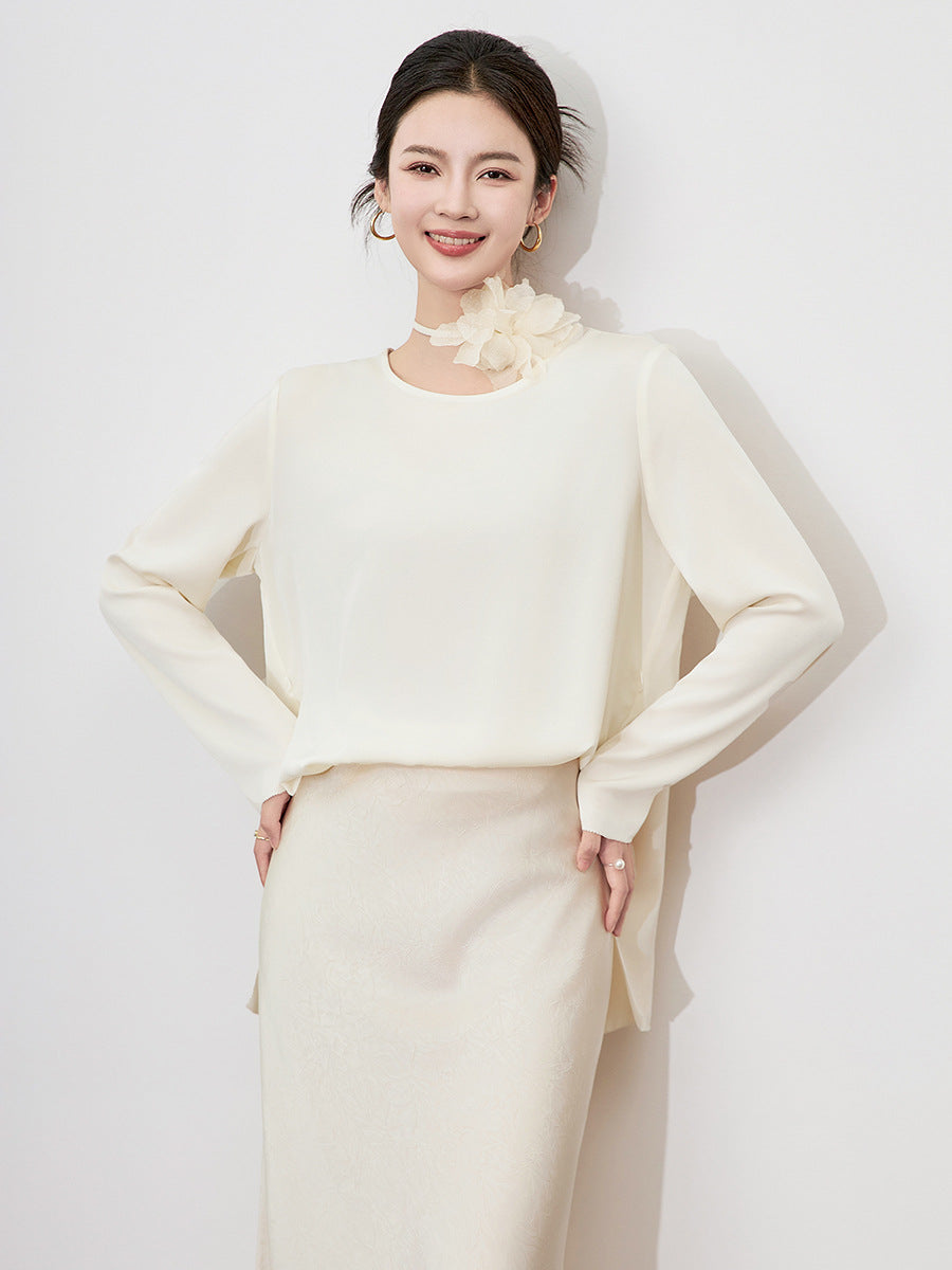 Ruched Long Sve White T-irt Women's Autumn Winter Wool Sequin Faionable Straight Cut Commute Quali