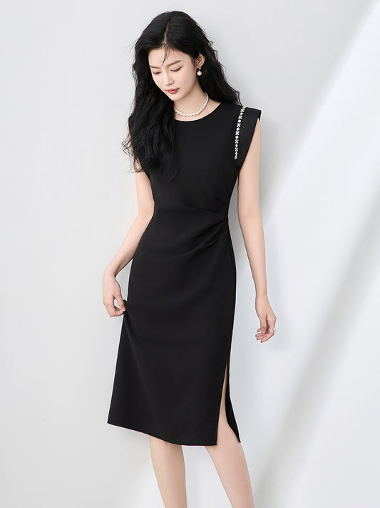 Women's Sleeveless Vest Dress round Neck Vintage Waist-Cinching Black Dress Elegant Style Knee-Length Midi Dress