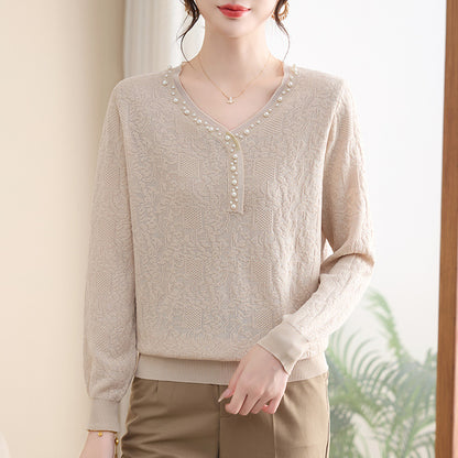 Women's Solid Color Pullover Beads V-neck Casual Fashion Long-sleeved Top