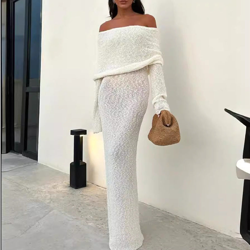 Slim Fit Hip Hing Long Skirt One Shoulder Design High Waist Polyester Fabric Long Summer Dress