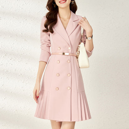 Womens French Belted Waist Double-Breasted Short Suit Skirt Elegant Worsted Twill Material Lapel Gilded Button Pleated Hem Dress