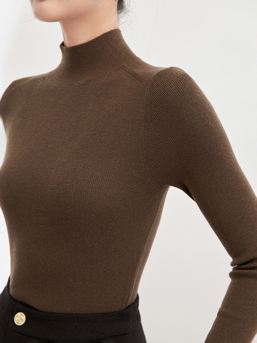 Fashionable Half High Collar Slim Fit Long Sleeve Overhead Knitwear Women's Base Shirt Autumn Winter Tight New Style Crew Neck