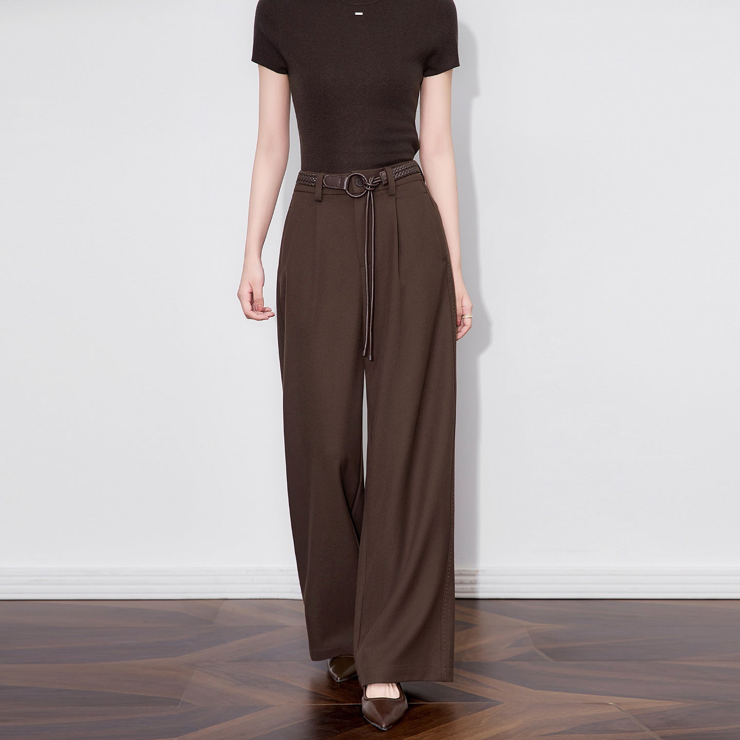 Caramel Color Women's High Waist Belted Slim Fit Long Pants Autumn  New Style Fashionable Commute Casual Trousers