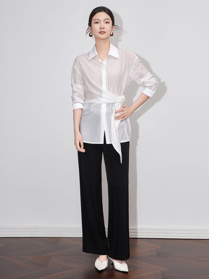 Women's Loose Fit Stripe Irt Spring Early Collar Sve Long Polyester Casual Faion Slimming Trendy Top