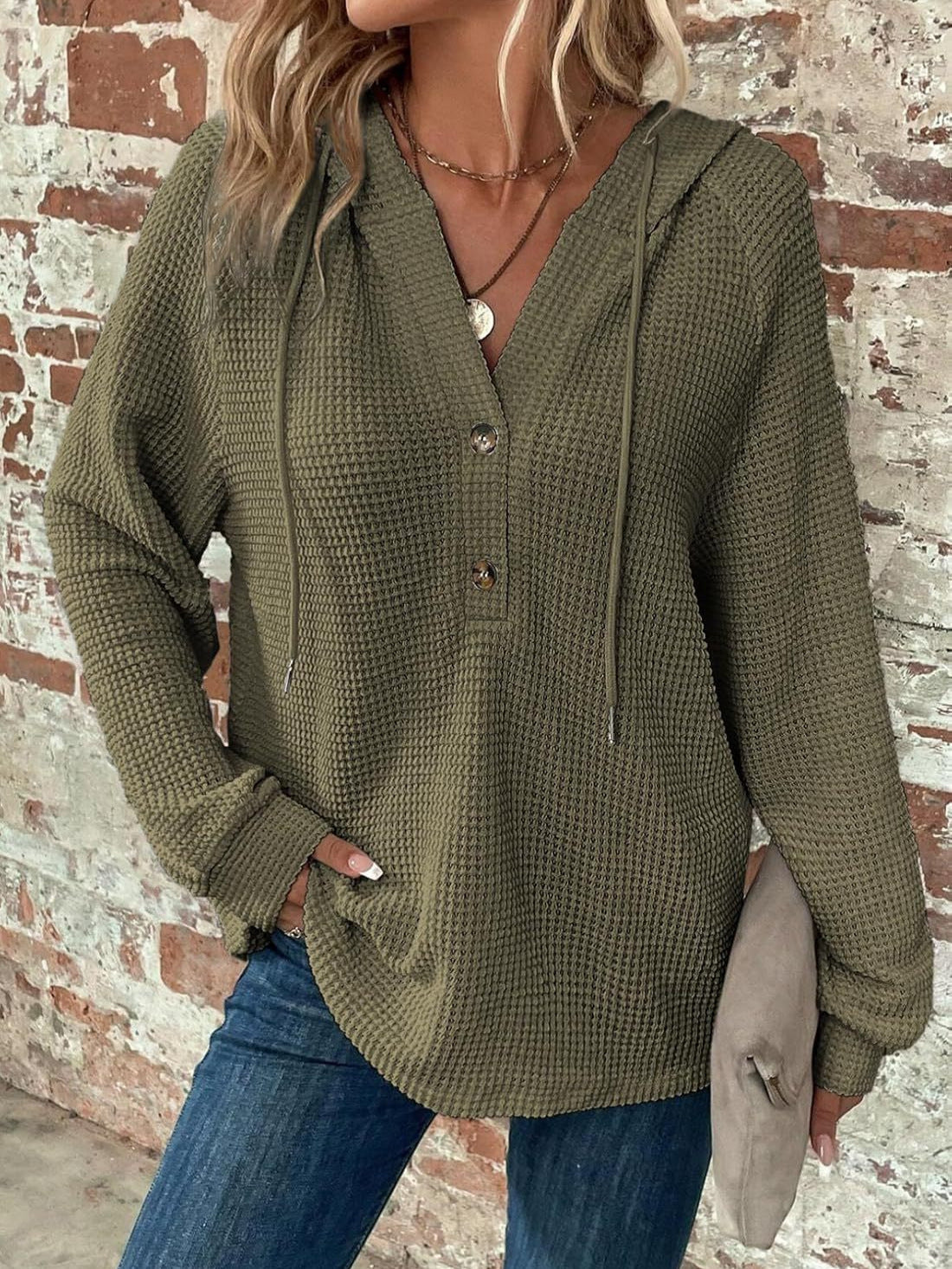 Cross-border New Women's Hoodie Knitted Drawstring Buttons V-neck Long Sleeve Pullover Casual Sports Sweatshirt