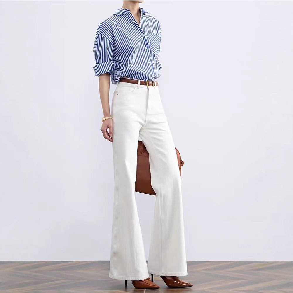 High Waist Wide Leg White Flared Jeans Women's Spring Loose Fitting Floor Length Non-Matching Leggings Casual Denim