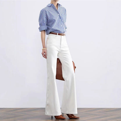 High Waist Wide Leg White Flared Jeans Women's Spring Loose Fitting Floor Length Non-Matching Leggings Casual Denim