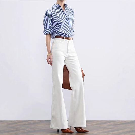 High Waist Wide Leg White Flared Jeans Women's Spring Loose Fitting Floor Length Non-Matching Leggings Casual Denim